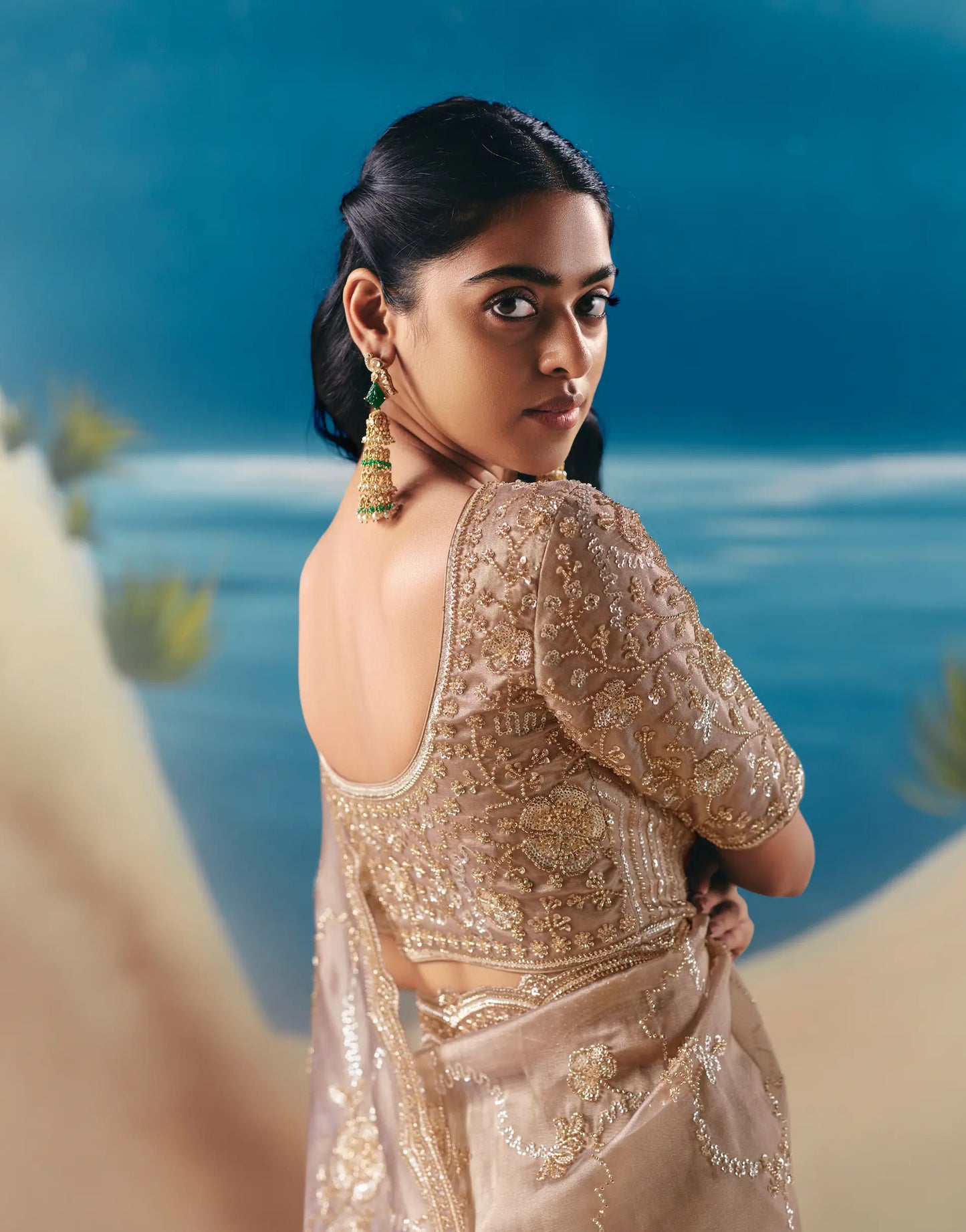 Pastel Brown Satin Organza Heavy Embroidery Saree