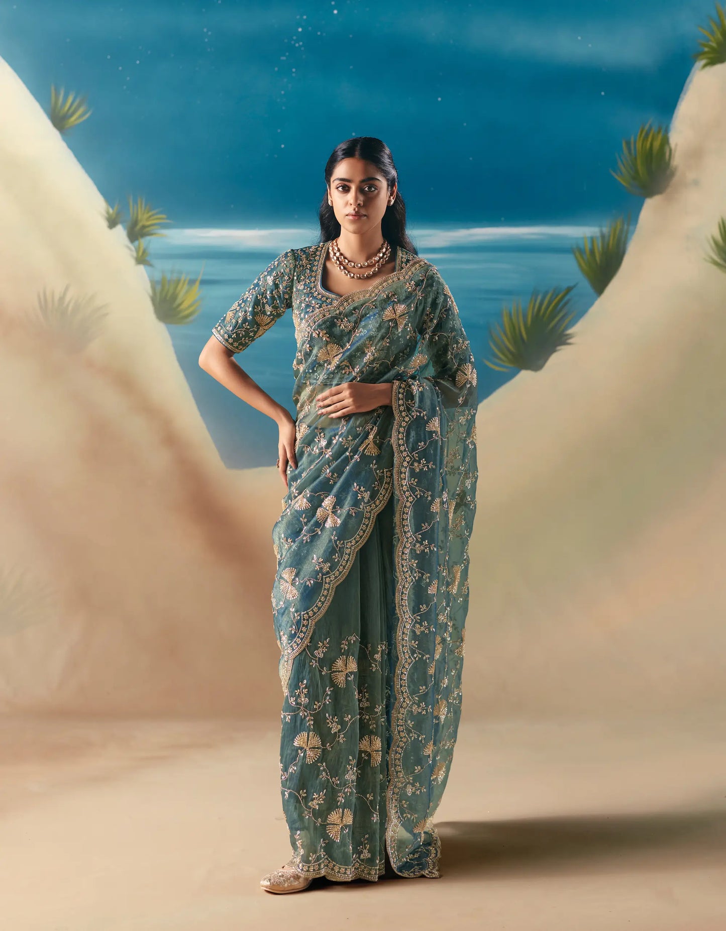 Marble Blue Satin Organza Heavy Embroidery Saree