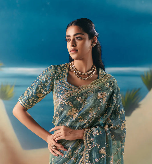 Marble Blue Satin Organza Heavy Embroidery Saree