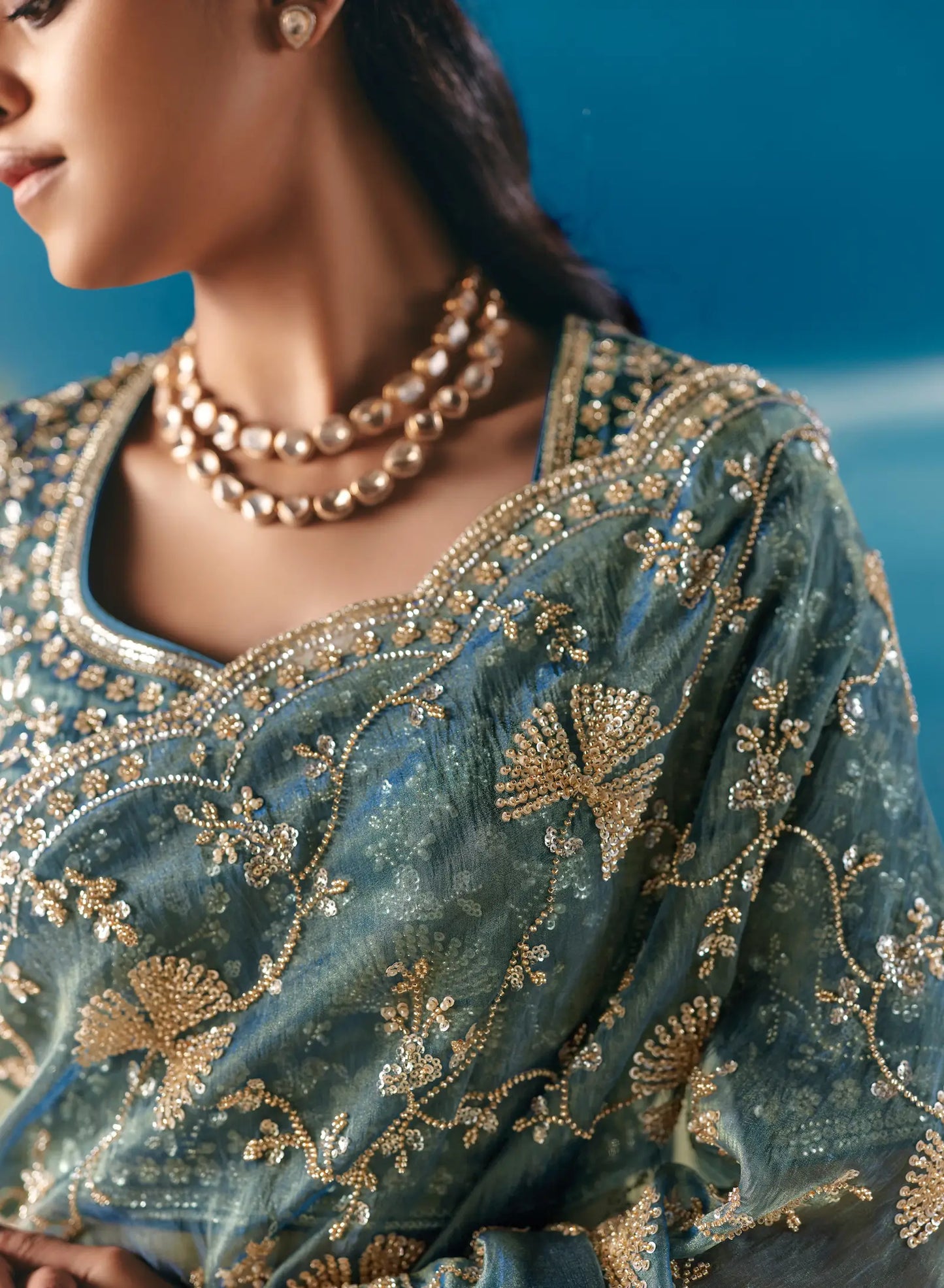 Marble Blue Satin Organza Heavy Embroidery Saree