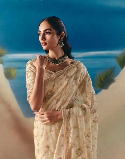 Champagne Satin Organza Heavy Embroidery Saree