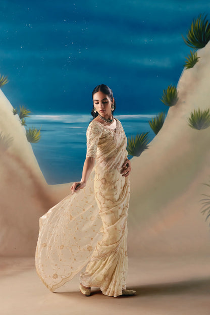 Champagne Satin Organza Heavy Embroidery Saree
