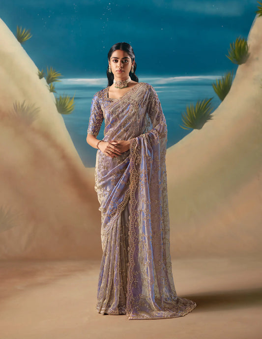 Lavender Satin Organza Heavy Embroidery Saree