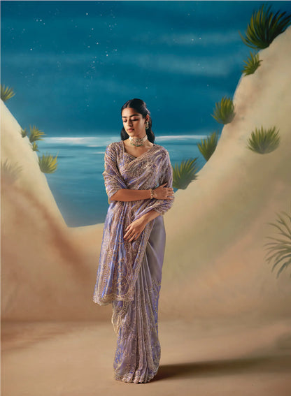 Lavender Satin Organza Heavy Embroidery Saree