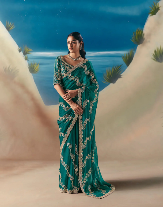 Dark Teal Satin Organza Heavy Embroidery Saree