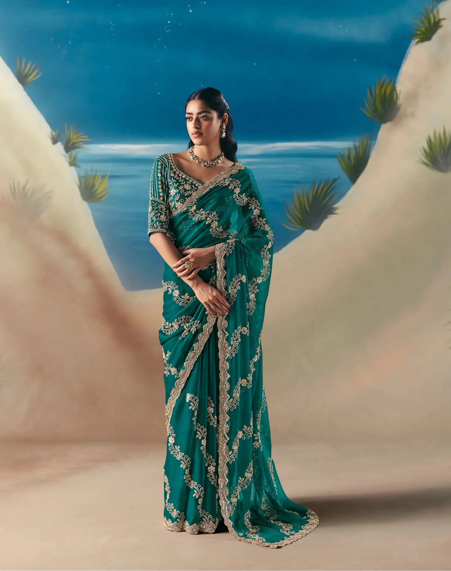 Dark Teal Satin Organza Heavy Embroidery Saree