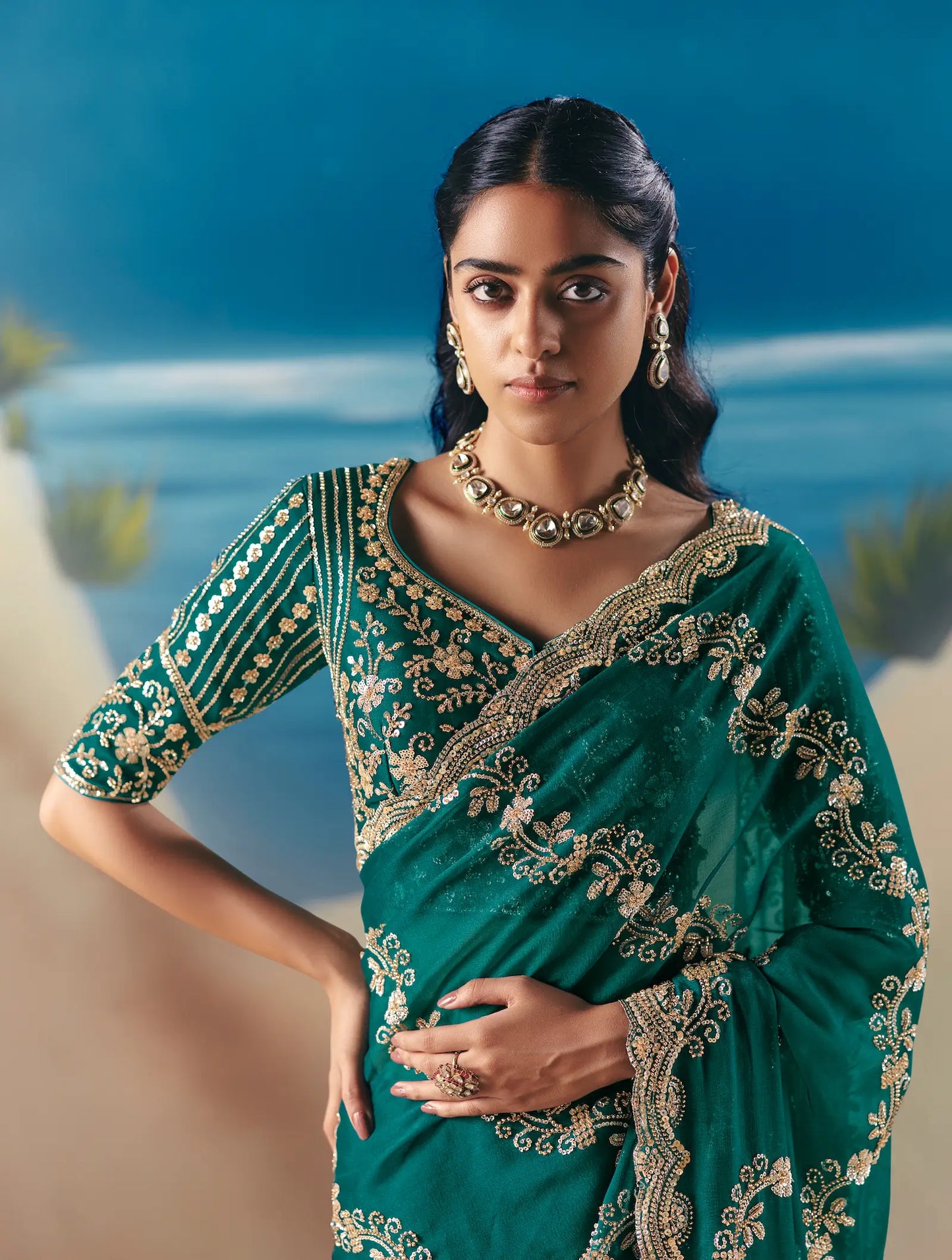 Dark Teal Satin Organza Heavy Embroidery Saree