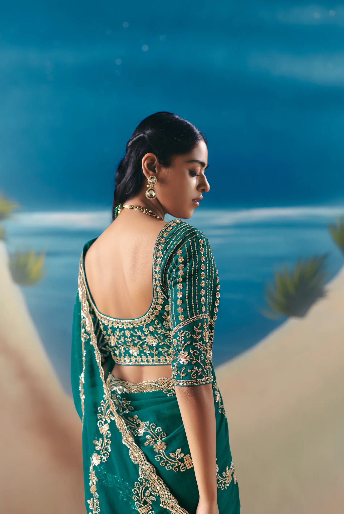 Dark Teal Satin Organza Heavy Embroidery Saree