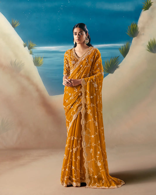 Carrot Orange Satin Organza Heavy Embroidery Saree