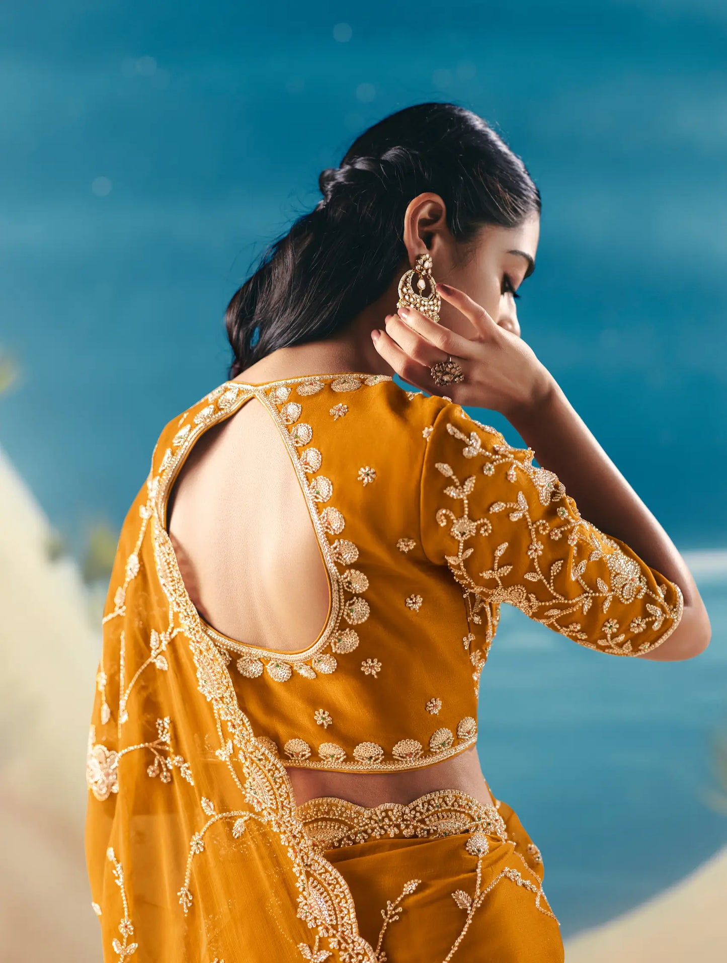 Carrot Orange Satin Organza Heavy Embroidery Saree