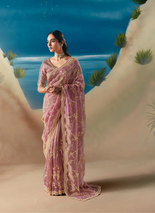 Turkish Rose Satin Organza Heavy Embroidery Saree