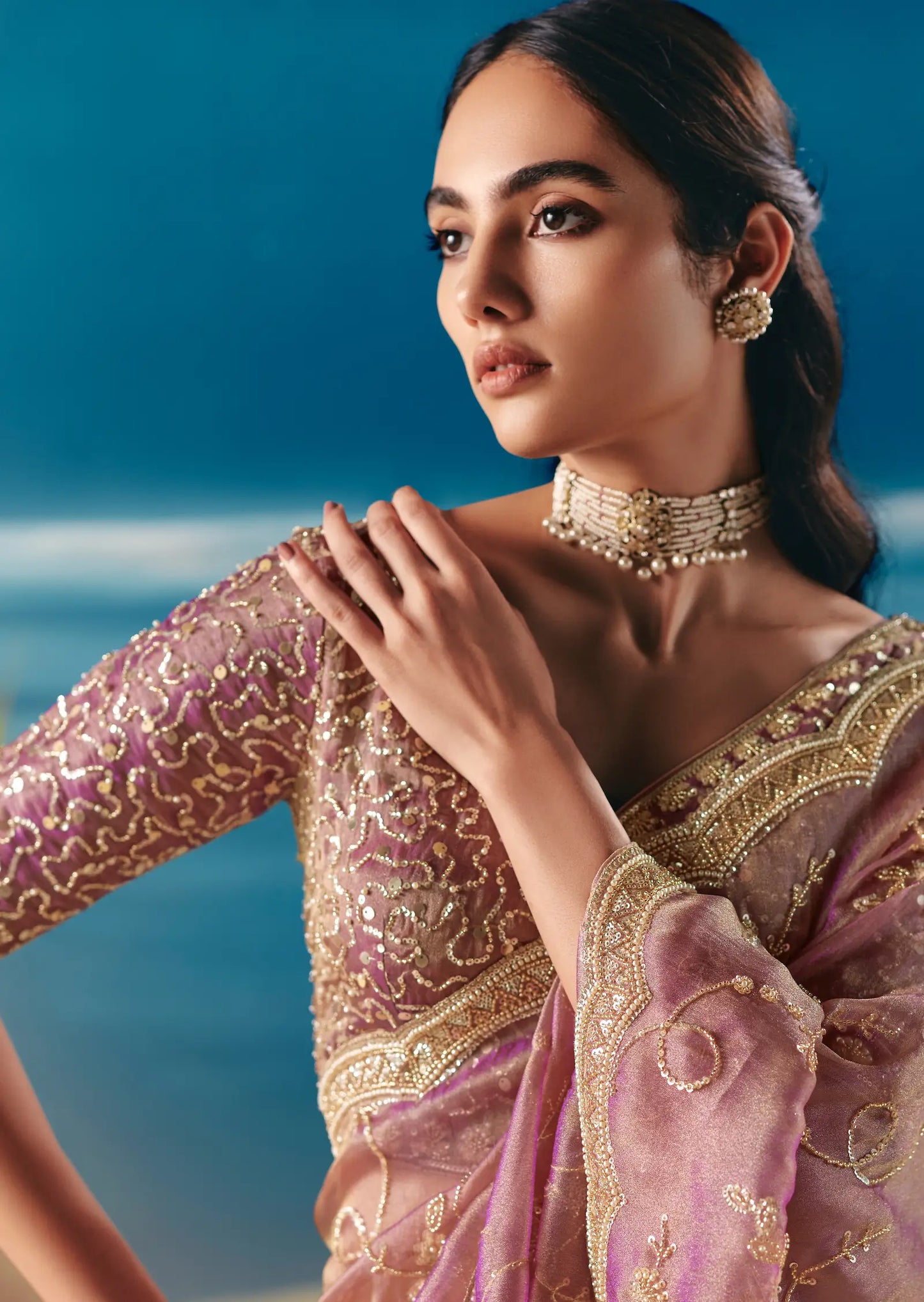 Turkish Rose Satin Organza Heavy Embroidery Saree