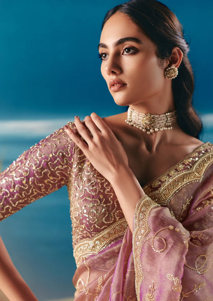 Turkish Rose Satin Organza Heavy Embroidery Saree