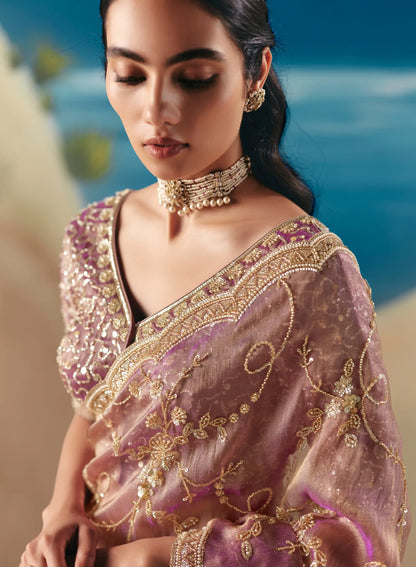 Turkish Rose Satin Organza Heavy Embroidery Saree