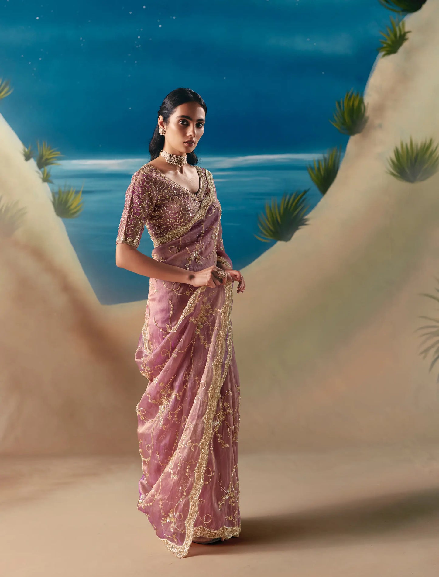 Turkish Rose Satin Organza Heavy Embroidery Saree