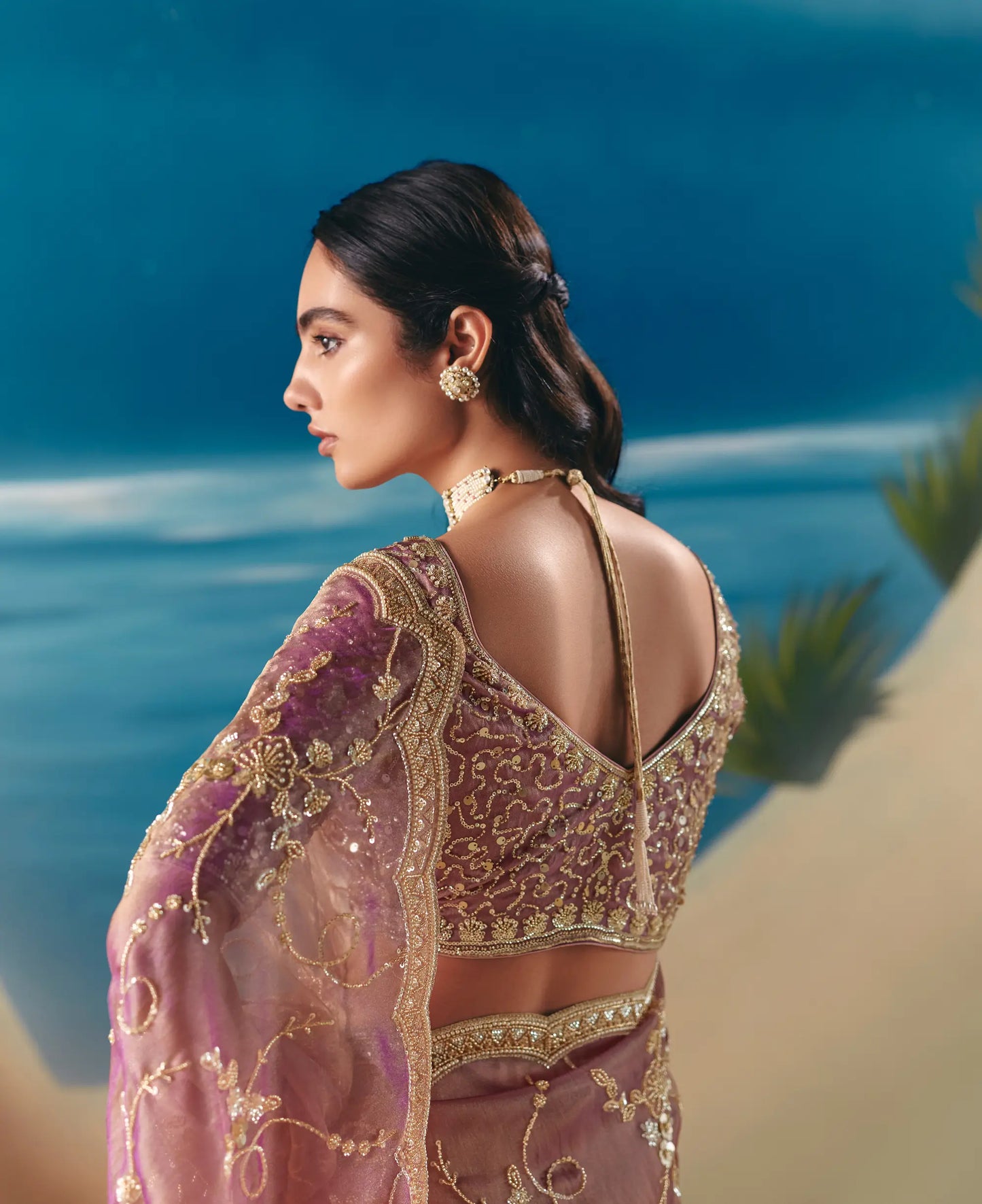 Turkish Rose Satin Organza Heavy Embroidery Saree