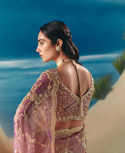 Turkish Rose Satin Organza Heavy Embroidery Saree
