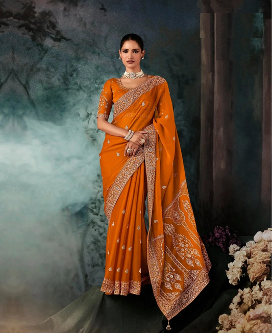Rust Orange Bridal Saree With Aari & Hand Work