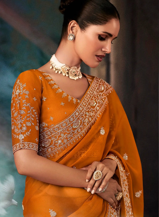 Rust Orange Bridal Saree With Aari & Hand Work