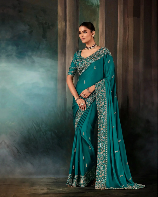Deep Teal Bridal Saree With Aari & Hand Work