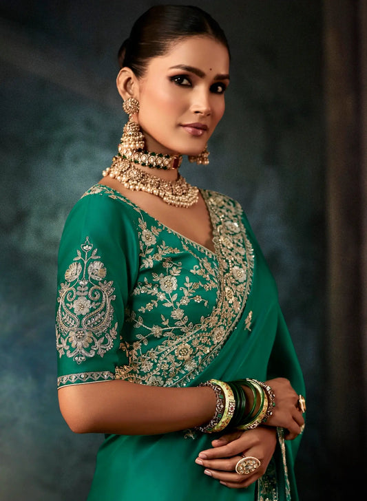 Teal Green Bridal Saree With Aari & Hand Work