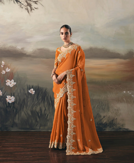 Bright Orange Heavy Embroidered Tissue Silk Saree
