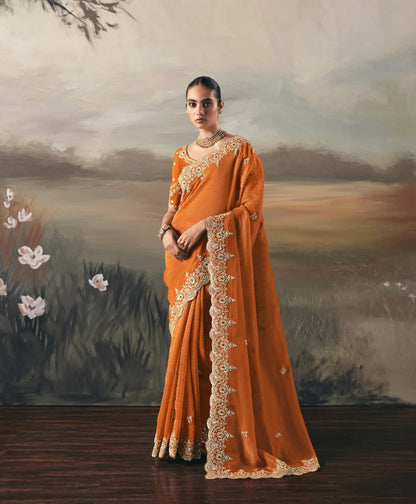 Bright Orange Heavy Embroidered Tissue Silk Saree