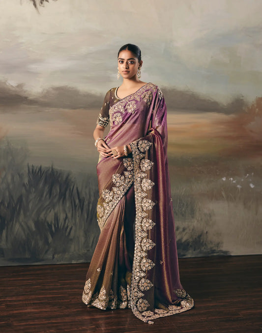 Purple-Brown Heavy Embroidered Tissue Silk Saree