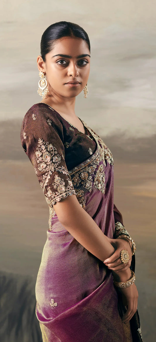 Purple-Brown Heavy Embroidered Tissue Silk Saree