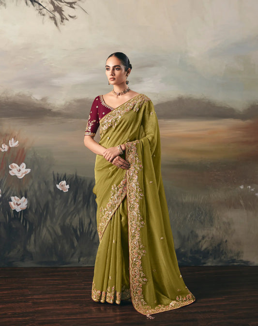 Parrot Green Heavy Embroidered Tissue Silk Saree