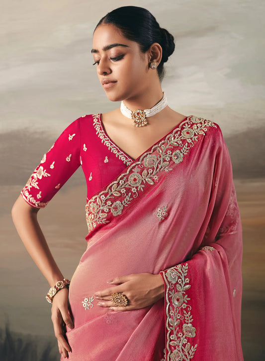 Ruddy Pink Heavy Embroidered Tissue Silk Saree