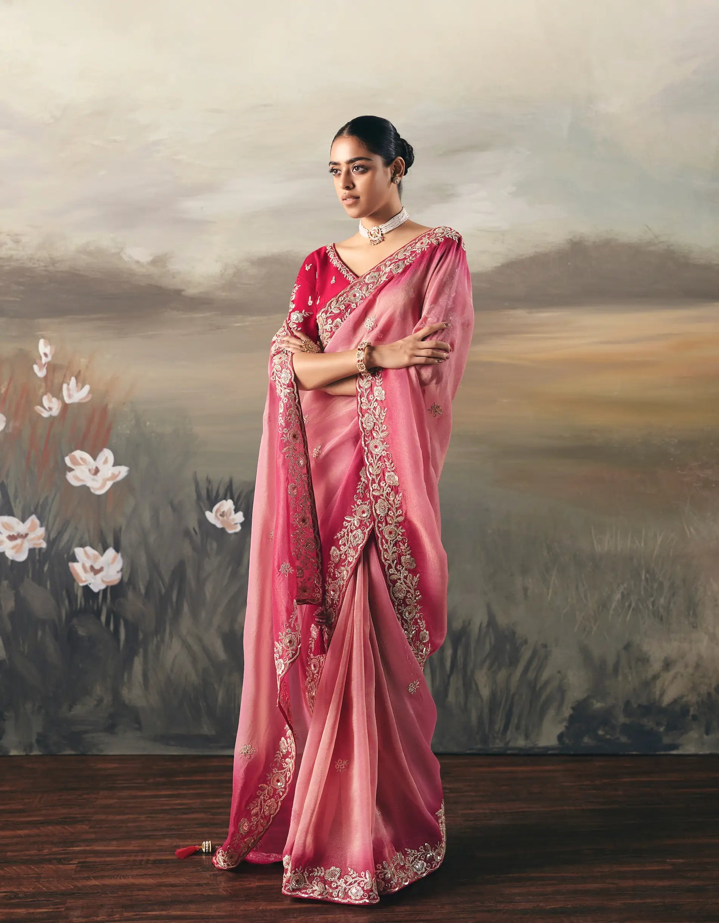 Ruddy Pink Heavy Embroidered Tissue Silk Saree