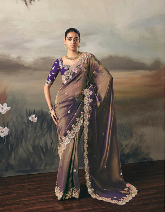 Golden Purple Heavy Embroidered Tissue Silk Saree