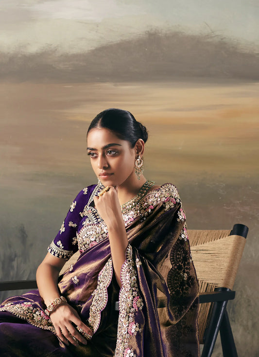 Golden Purple Heavy Embroidered Tissue Silk Saree