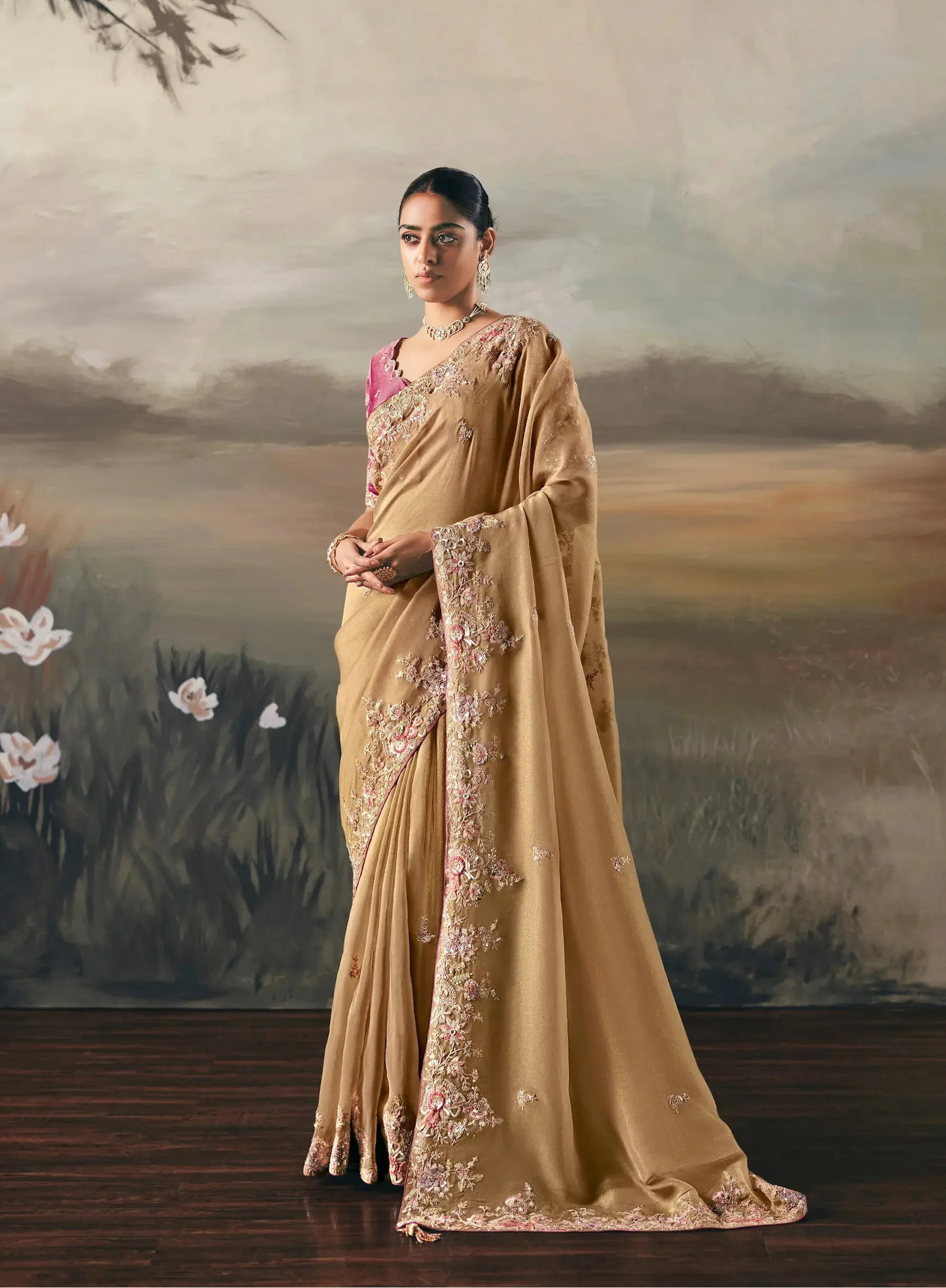 Shiney Beige Heavy Embroidered Tissue Silk Saree