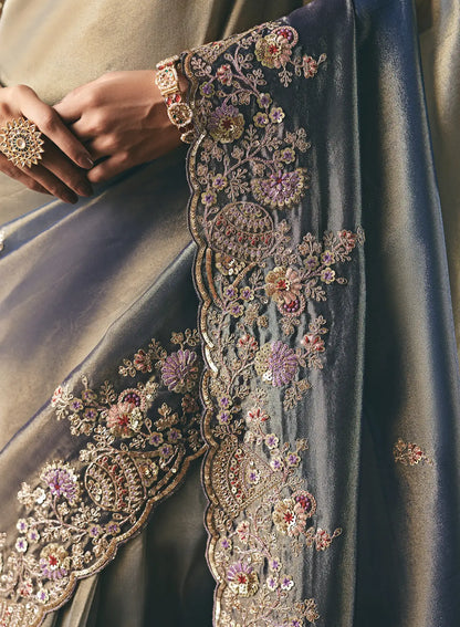 Shaded Grey Heavy Embroidered Tissue Silk Saree
