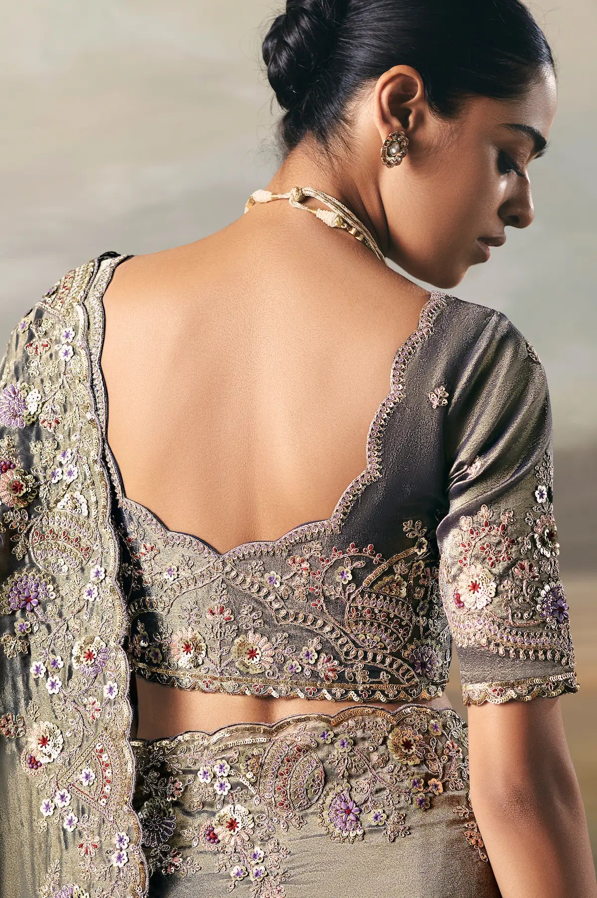 Shaded Grey Heavy Embroidered Tissue Silk Saree