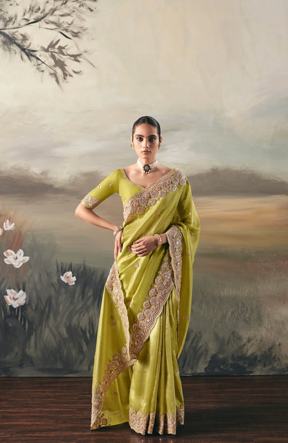 Fluorescent Yellow Heavy Embroidered Tissue Silk Saree