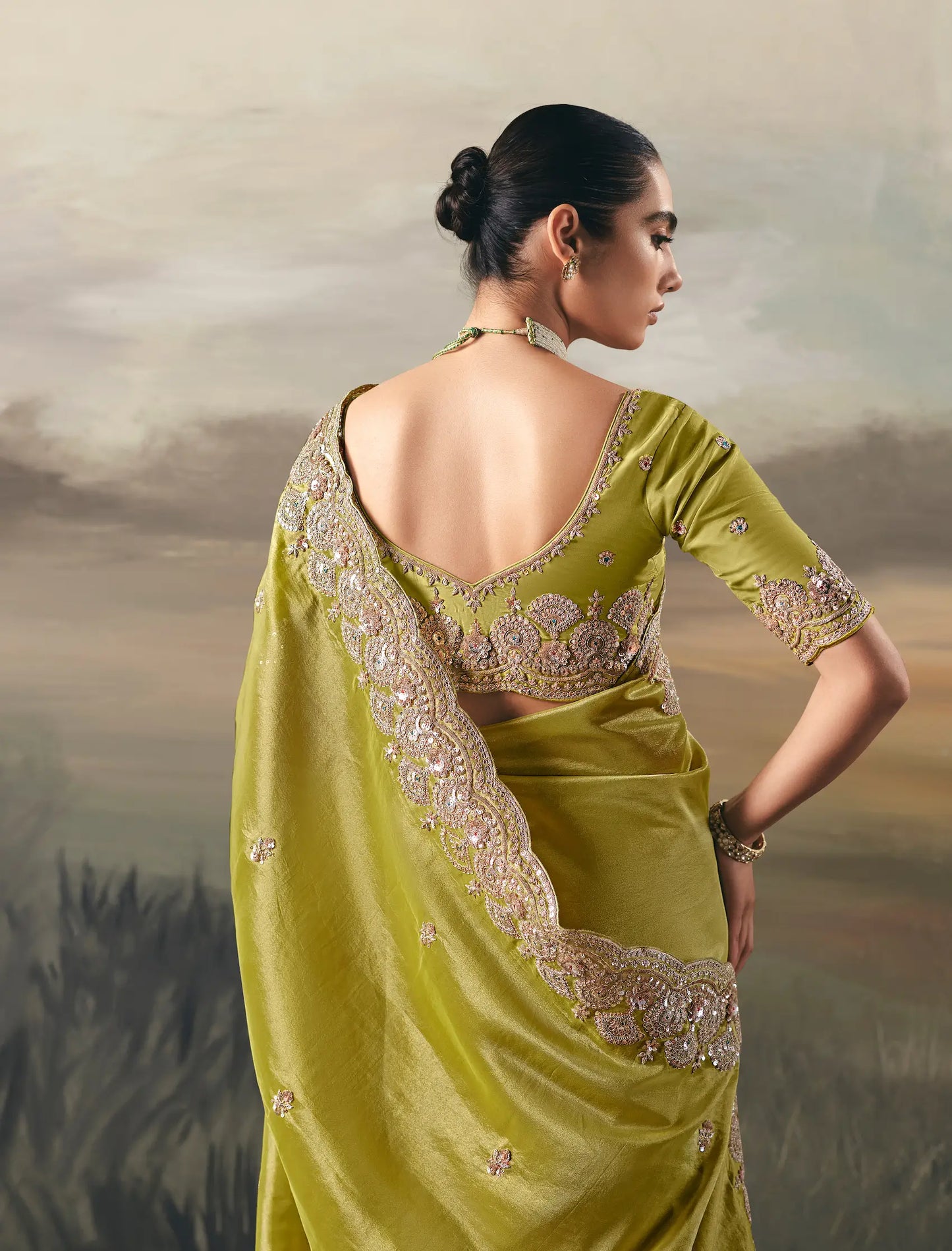 Fluorescent Yellow Heavy Embroidered Tissue Silk Saree