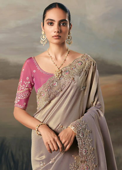 Silver Grey Heavy Embroidered Tissue Silk Saree