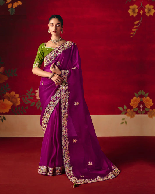 Royal Purple Heavy Embroidered Saree