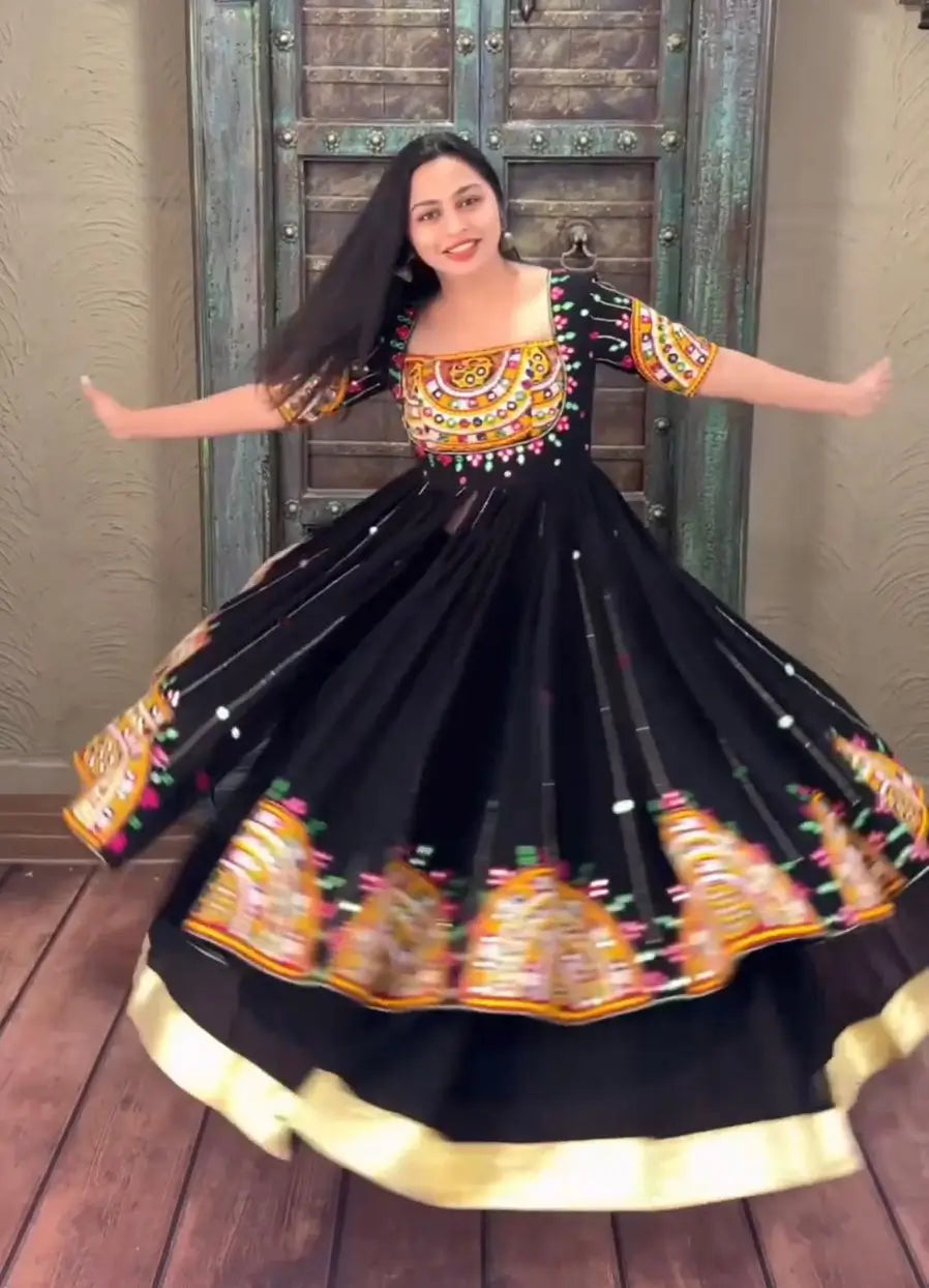 Black Multi Chain Stitch And Sequins Work Kurti With Lehenga For Navratri