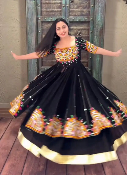 Black Multi Chain Stitch And Sequins Work Kurti With Lehenga For Navratri