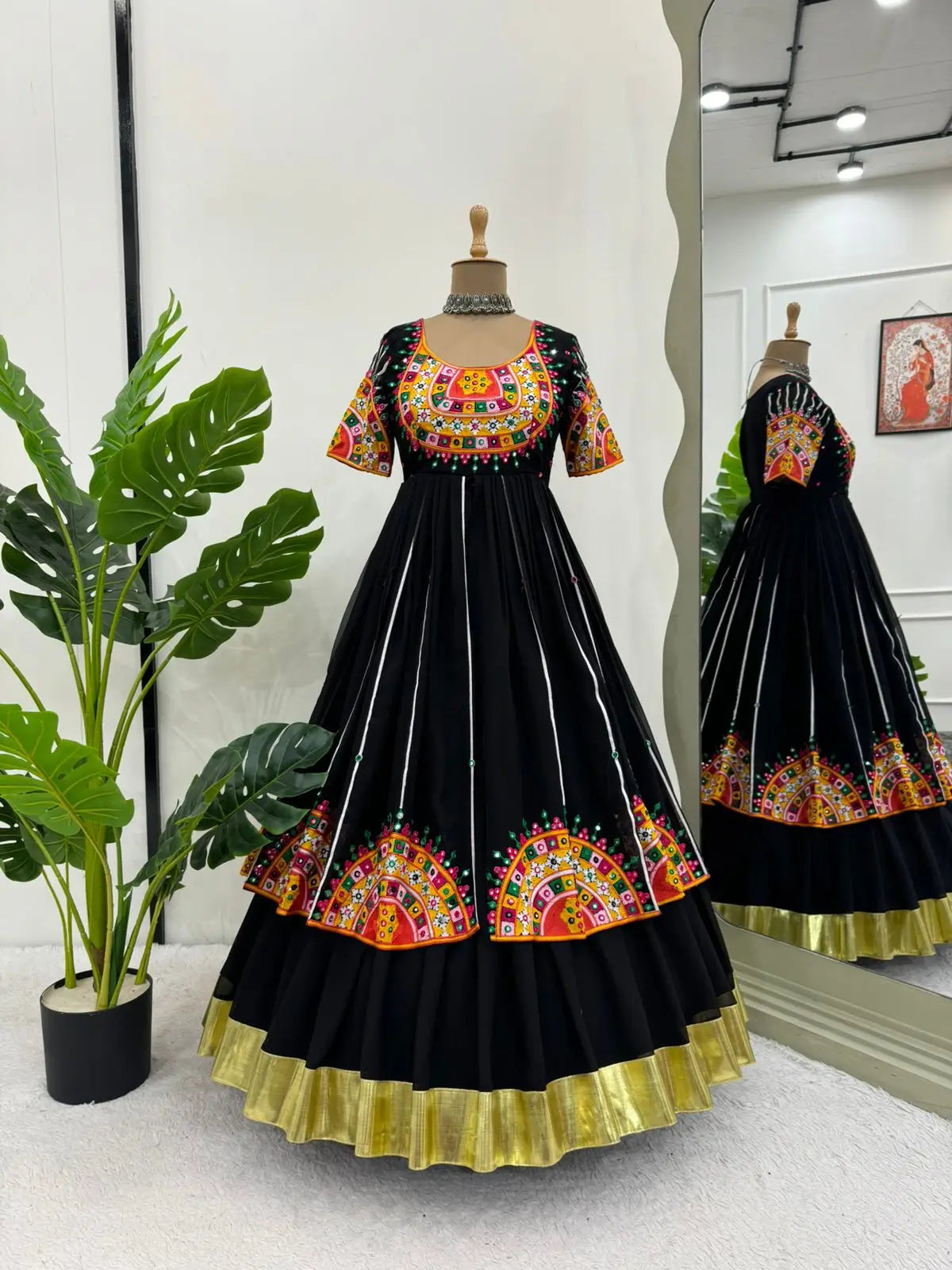 Black Multi Chain Stitch And Sequins Work Kurti With Lehenga For Navratri