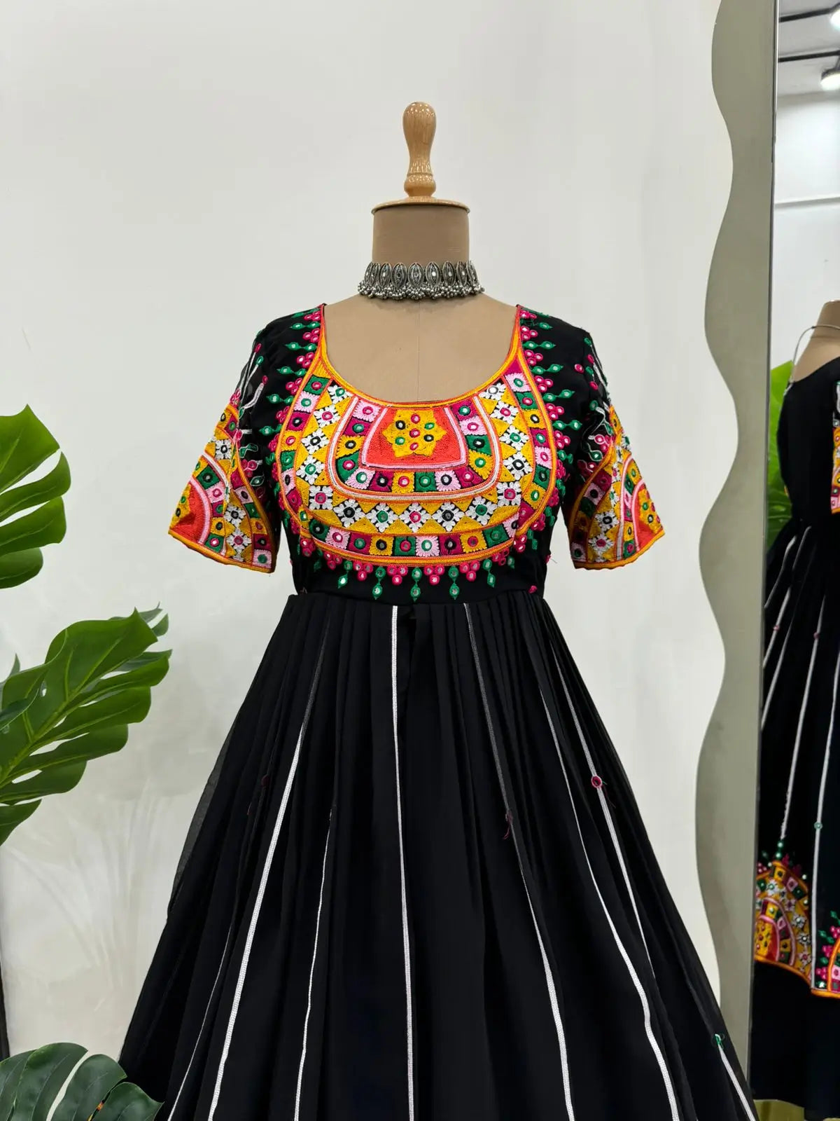 Black Multi Chain Stitch And Sequins Work Kurti With Lehenga For Navratri