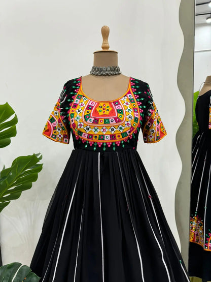 Black Multi Chain Stitch And Sequins Work Kurti With Lehenga For Navratri