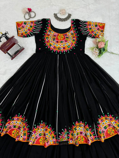 Black Multi Chain Stitch And Sequins Work Kurti With Lehenga For Navratri