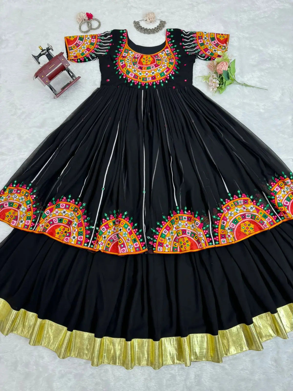 Black Multi Chain Stitch And Sequins Work Kurti With Lehenga For Navratri
