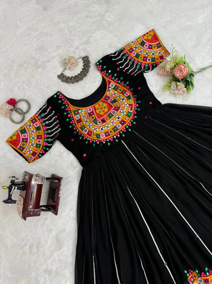 Black Multi Chain Stitch And Sequins Work Kurti With Lehenga For Navratri