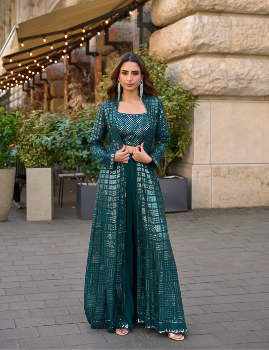 Deep Teal Heavy Embroidered Indo Western Set